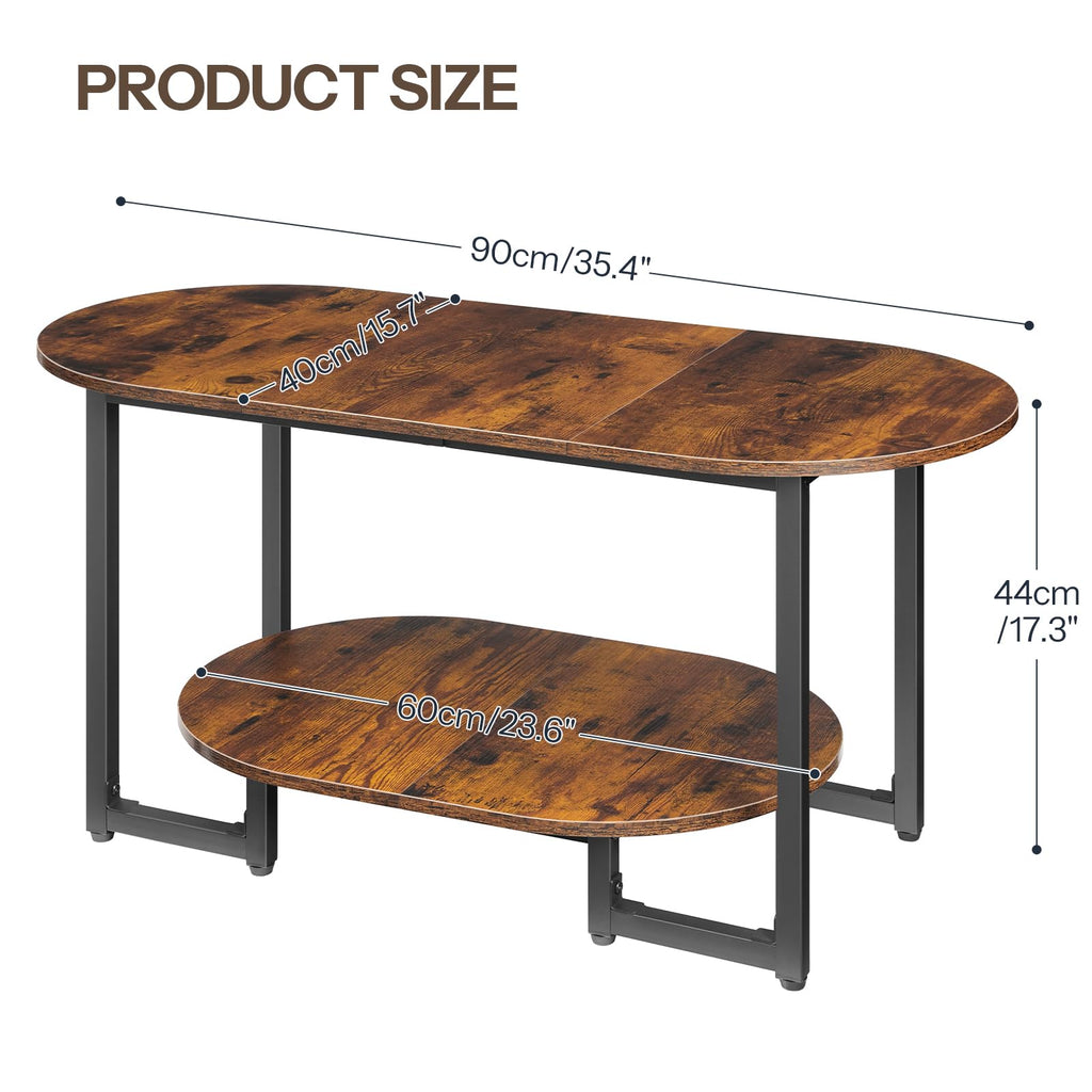 Coffee Table, Oval Small Coffee Table with 2-Tier Open Storage Shelf, Industrial Cocktail Tea Table, Wooden Desktop