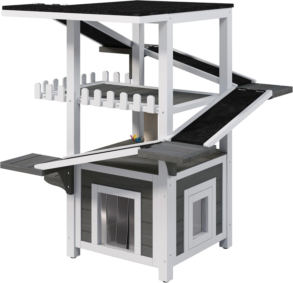 Weatherproof Outdoor Cat House, 4‐Tiers Outdoor Cat Tree Tower (Grey+White)