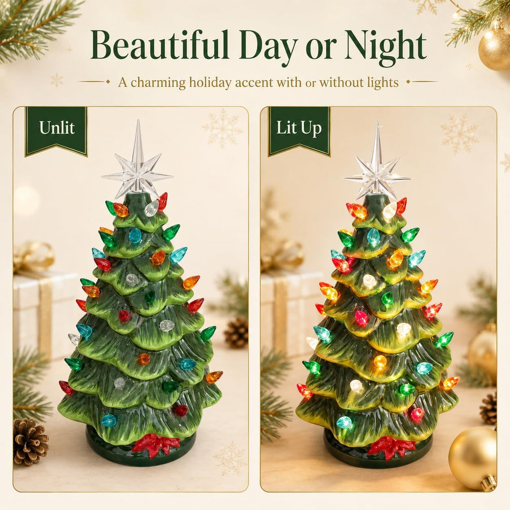 13 Inch Ceramic Christmas Tree with Multicolored Lights and Star, Battery Operated Vintage Lighted Tabletop Christmas