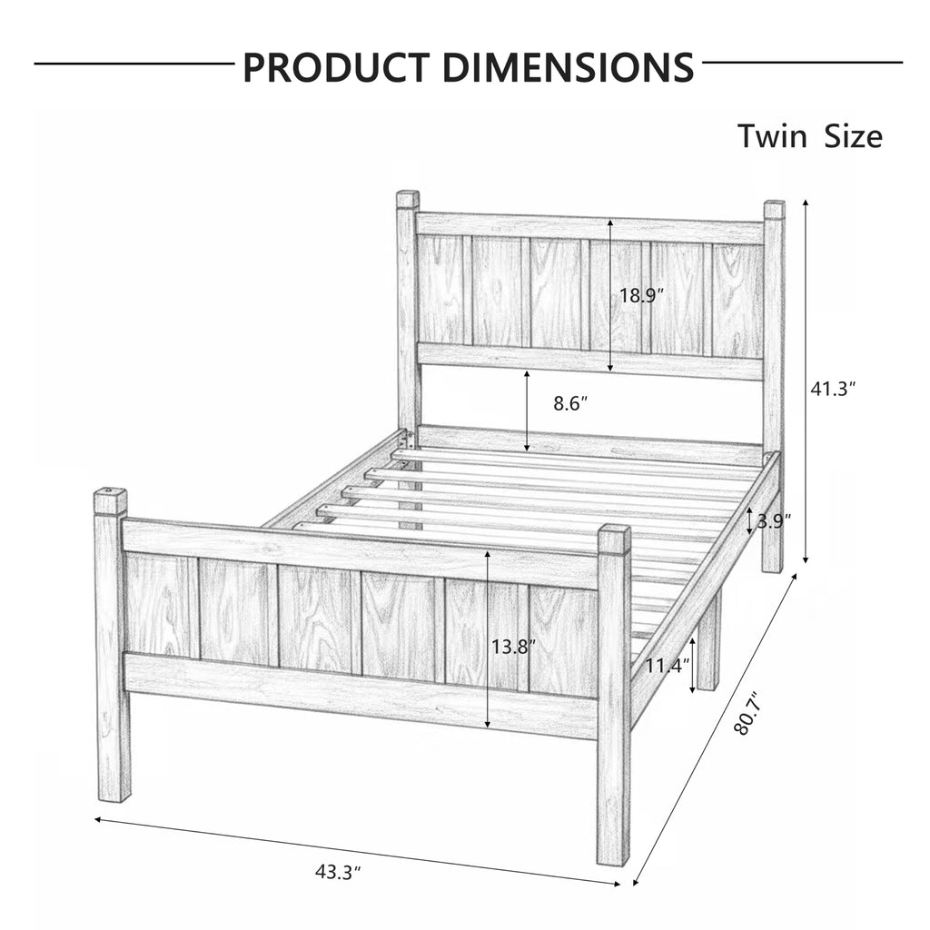 Wood Bed Frame with Headboard and Footboard, Shaker Farmhouse Platform Bed Frame with 11.5" Under-Bed Storage