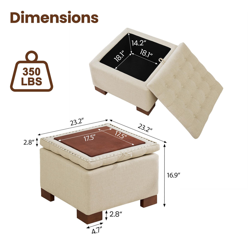 Square Storage Ottoman Coffee Table with Flip Tray, 24" Linen Khaki