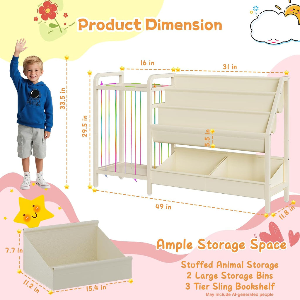 B5 Kids Bookshelf and Toy Storage, Book Shelf for Kids Rooms White | Sling Toddler Book Shelves with Stuffed Animal