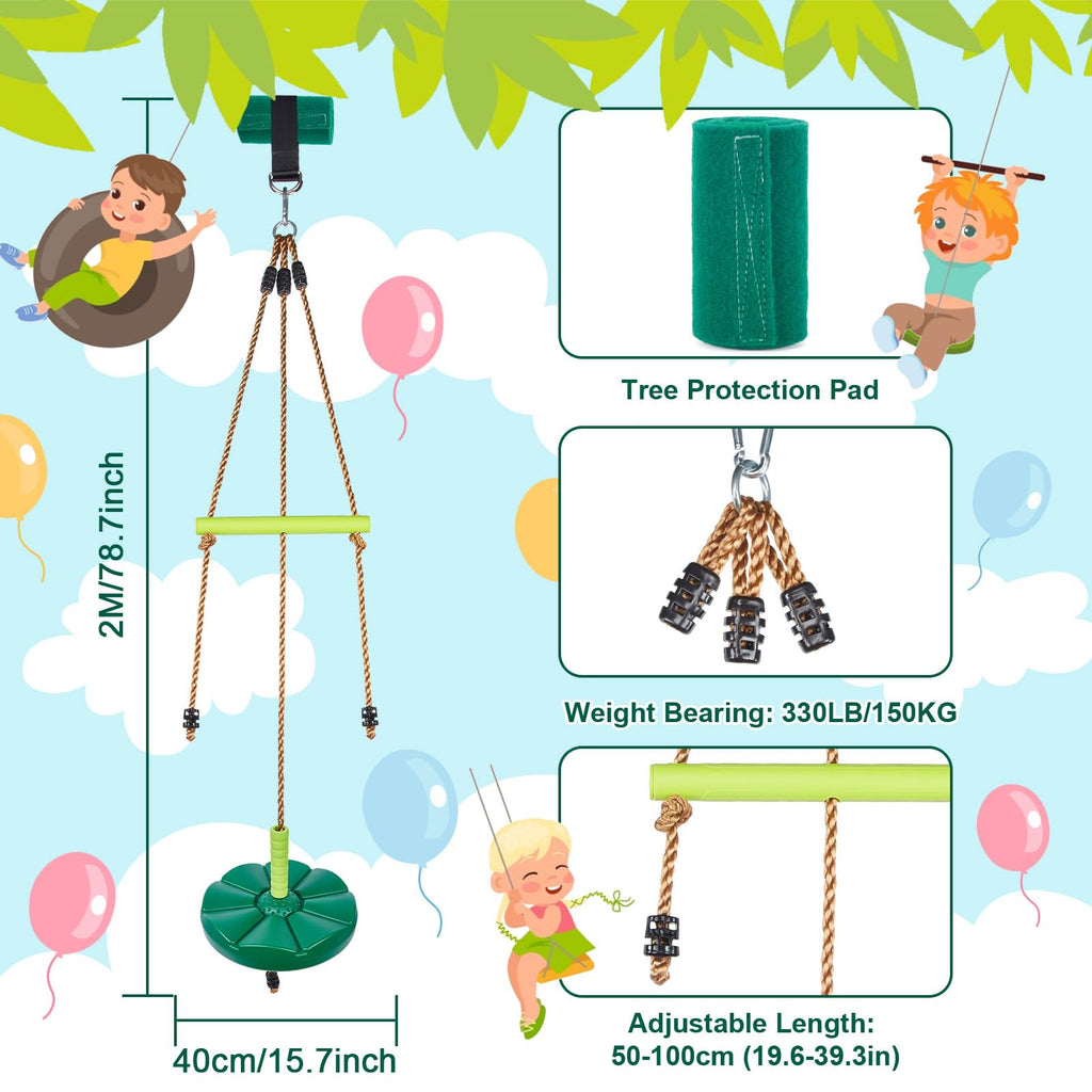 Disc Swing with Monkey Bars, Heavy Duty Tree Swing for Kids, Green