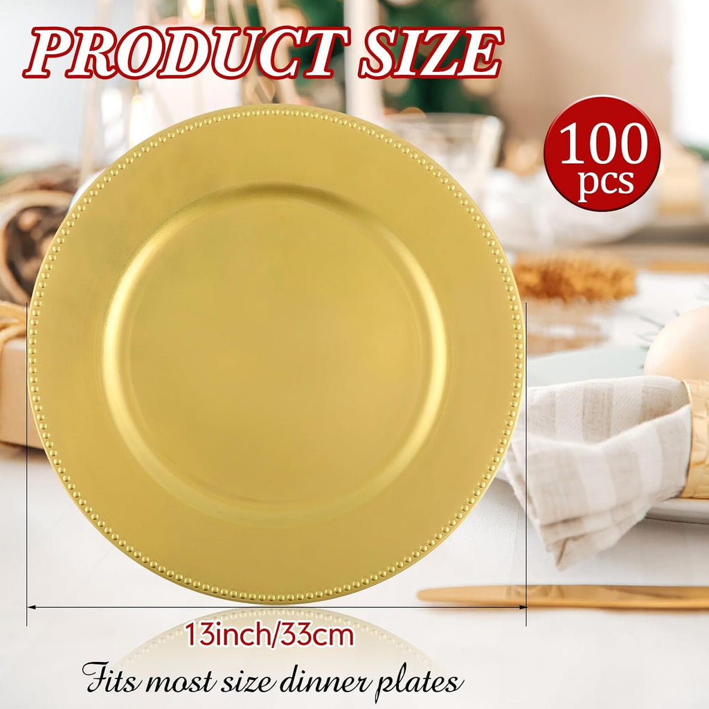 Charger Plates, Gold Plastic Reusable Dinner Charger Plates, 13'' Round Vintage Table Decoration, for Wedding - Set of 100