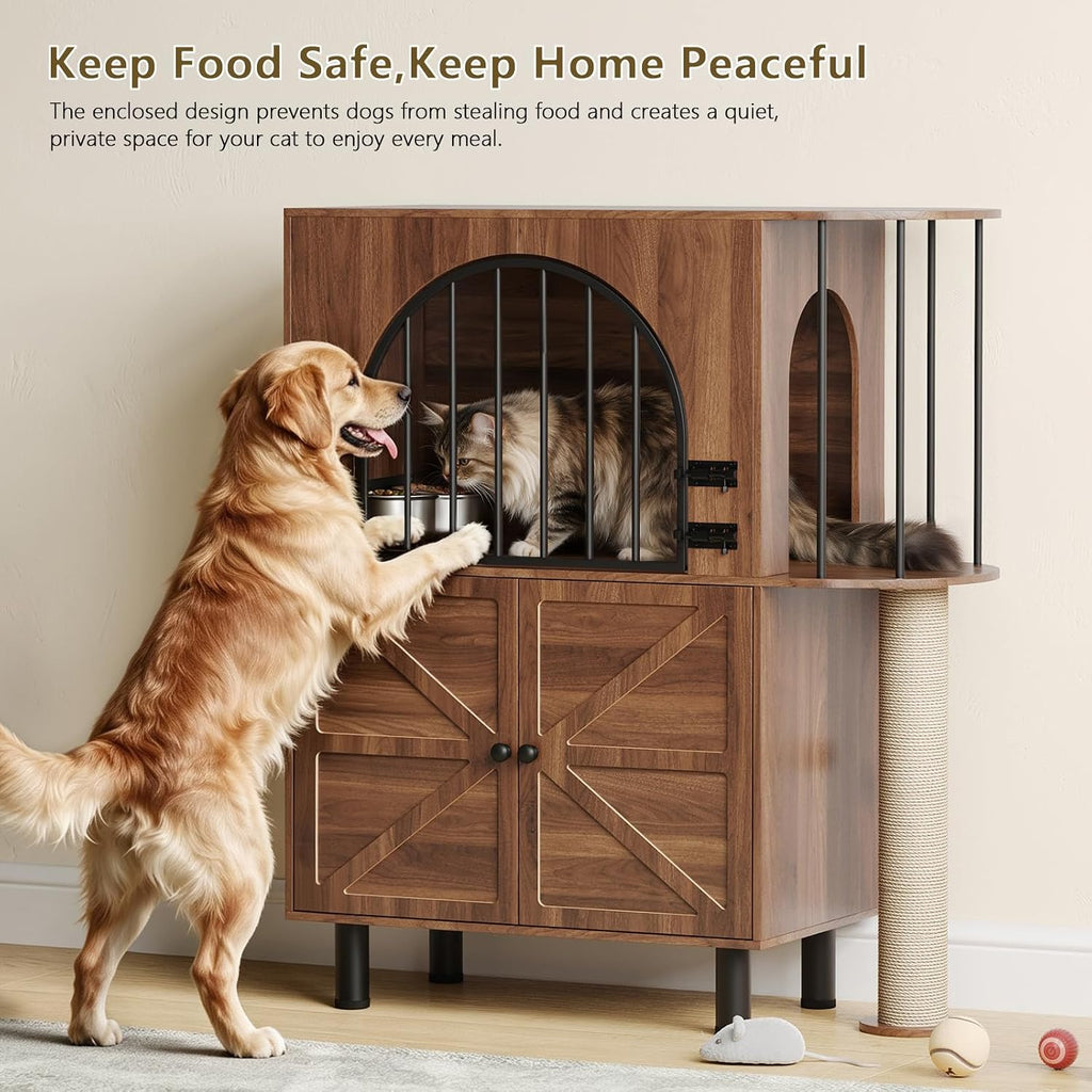 Dog Proof Cat Feeding Station with Scratching Post, Elevated Bowls (Walnut)