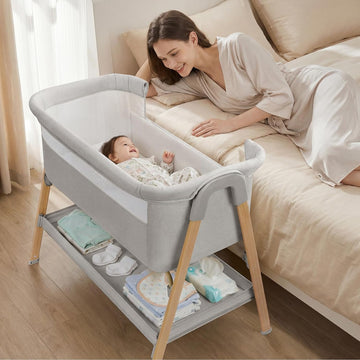 Baby Bassinet, Bedside Bassinet for Baby, 2-in-1 Bedside Sleeper with Mattress, Half-Mesh Breathable Design, 4