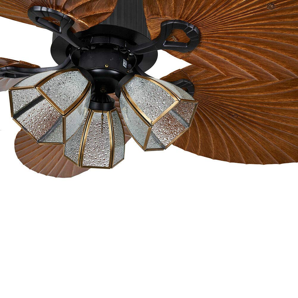Palm Ceiling Fan Light, 52 Inch Remote Control Ceiling Fan Chandelier 5 Bronze Royal Palm Leaf Shape Blades Fixtures