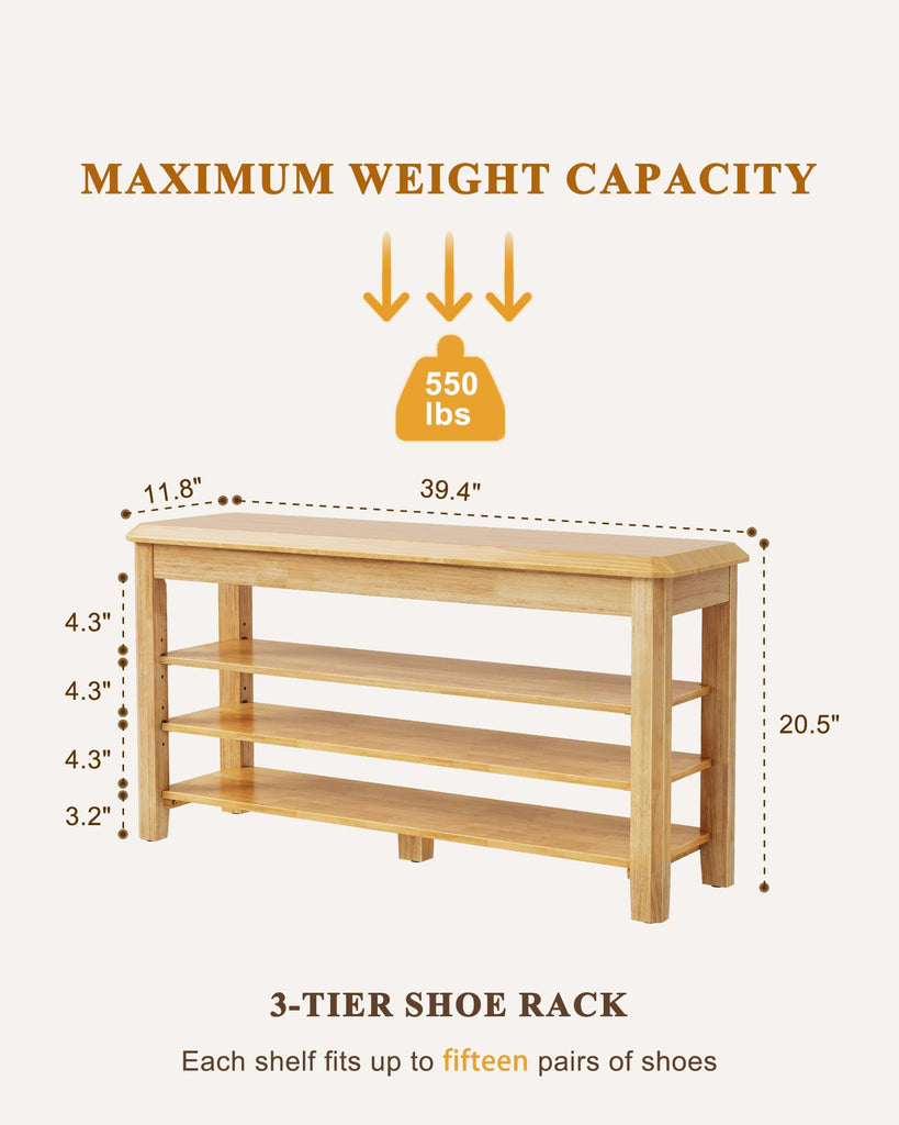 Shoe Rack Bench Seat Rubberwood 3-Tier Wooden Storage Bench 550lbs Compact Mid-Century Modern Design, Closet, Front