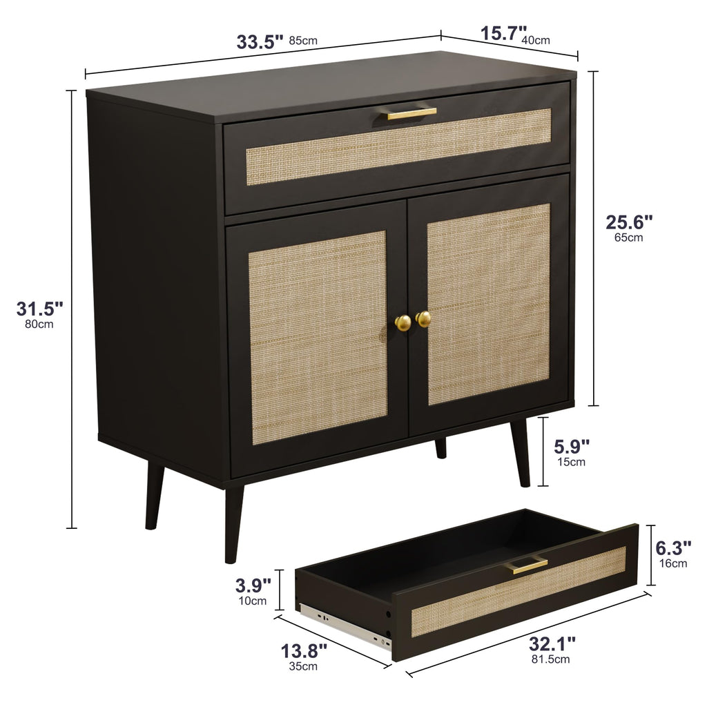 Rattan Sideboard Buffet, Boho Kitchen Cabinet with Drawer & 2 Doors, Modern Mid Century Accent Cabinet with