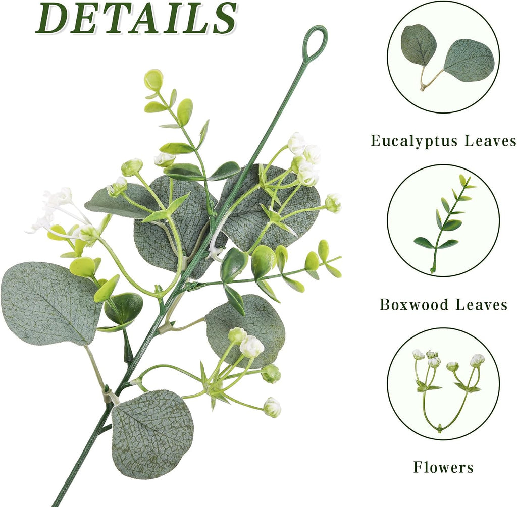 Artificial Eucalyptus Garland with White Flowers,5.9FT Greenery Garland Fake Vines Hanging Green Garlands - Set of 4