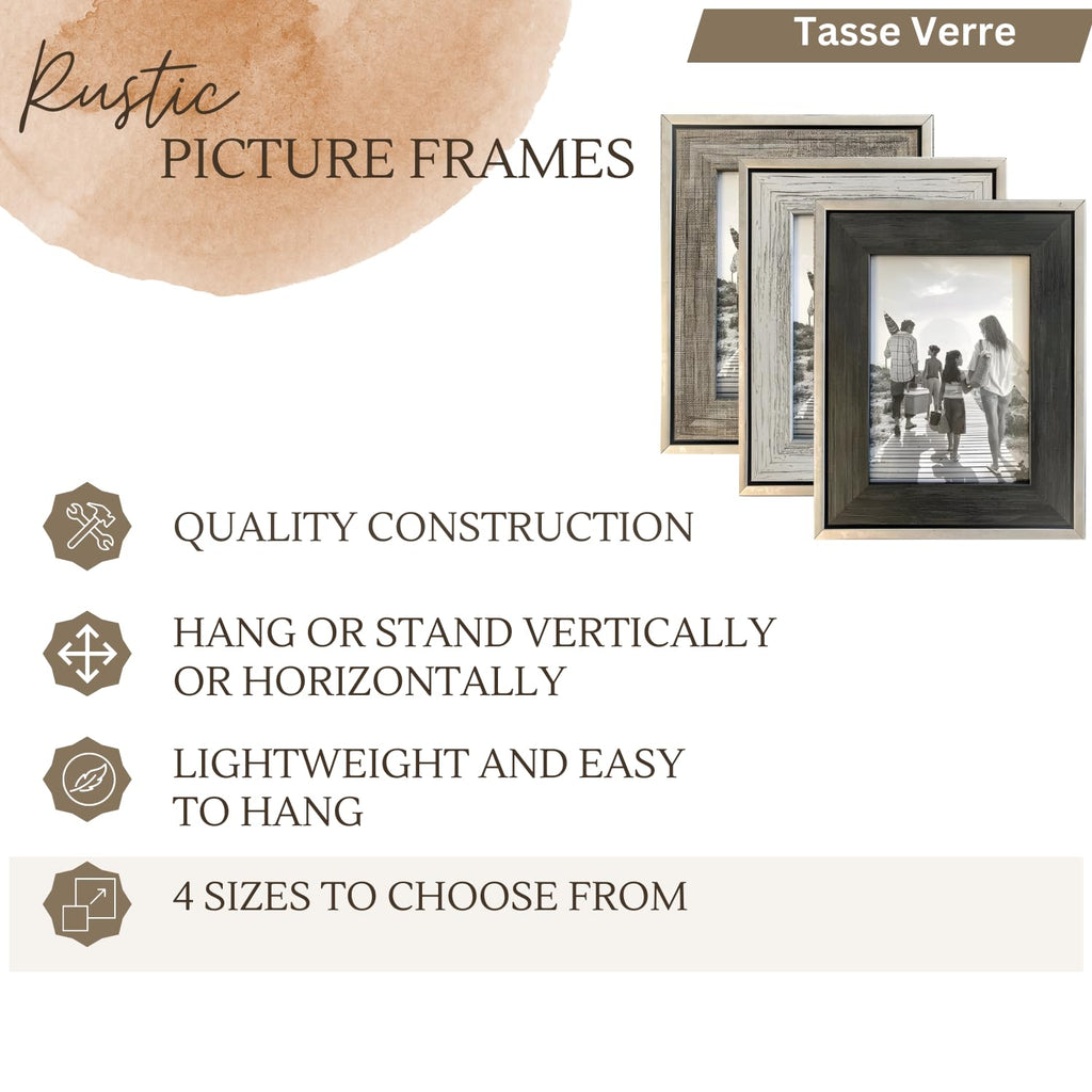 6x8 Rustic Frames - (3-Pack) Distressed Farmhouse Industrial Frame - Ready to Hang or Stand - Built-in Easel - Silver