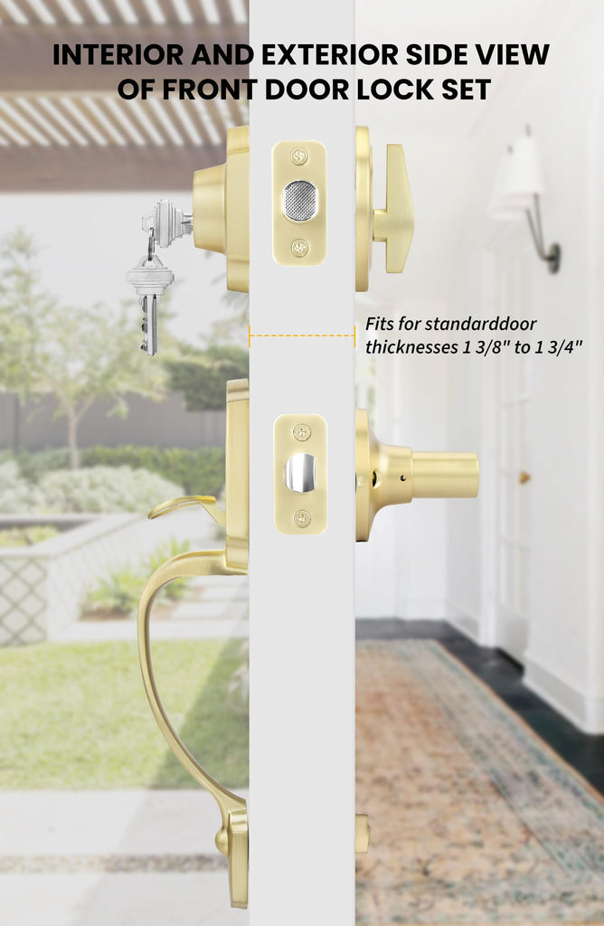 Double Front Door Lock Set, Gold Double Door Handle with Dummy