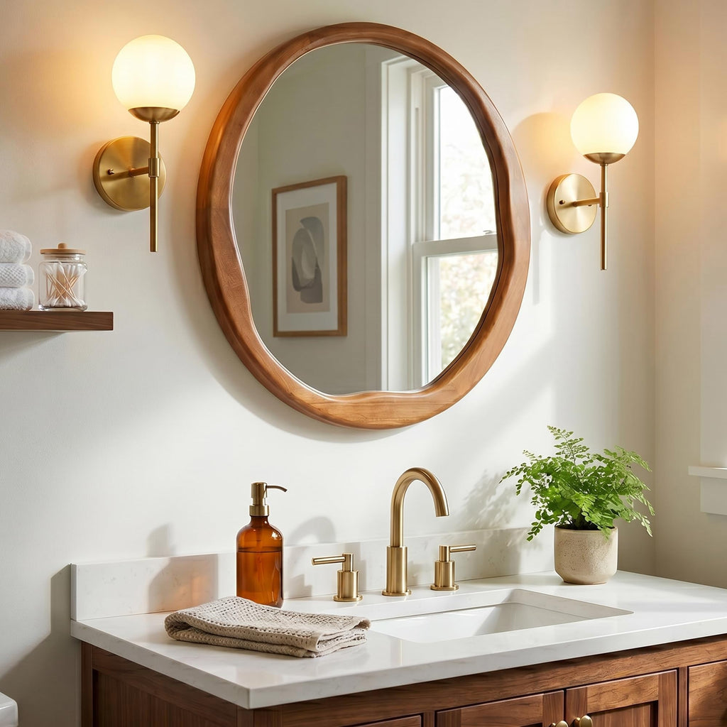 24 Inch Warm Walnut Round Wood Bathroom Mirror, Wavy Inner Edge
