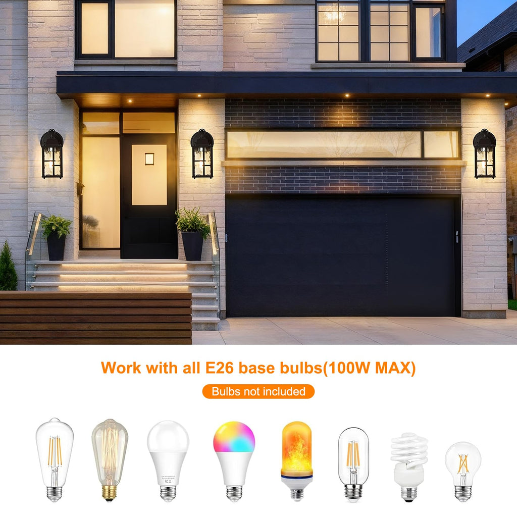 2-Pack Dusk to Dawn Outdoor Wall Lights, Weatherproof Exterior Lighting Fixture Wall Mount, Aluminum Ripple Glass