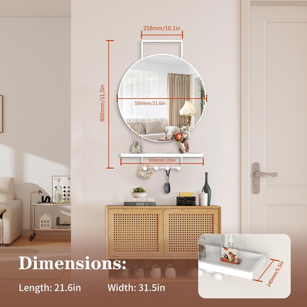 Wall Mirror with Shelf and Hooks, Vertical Mount, 32x22 Inch White