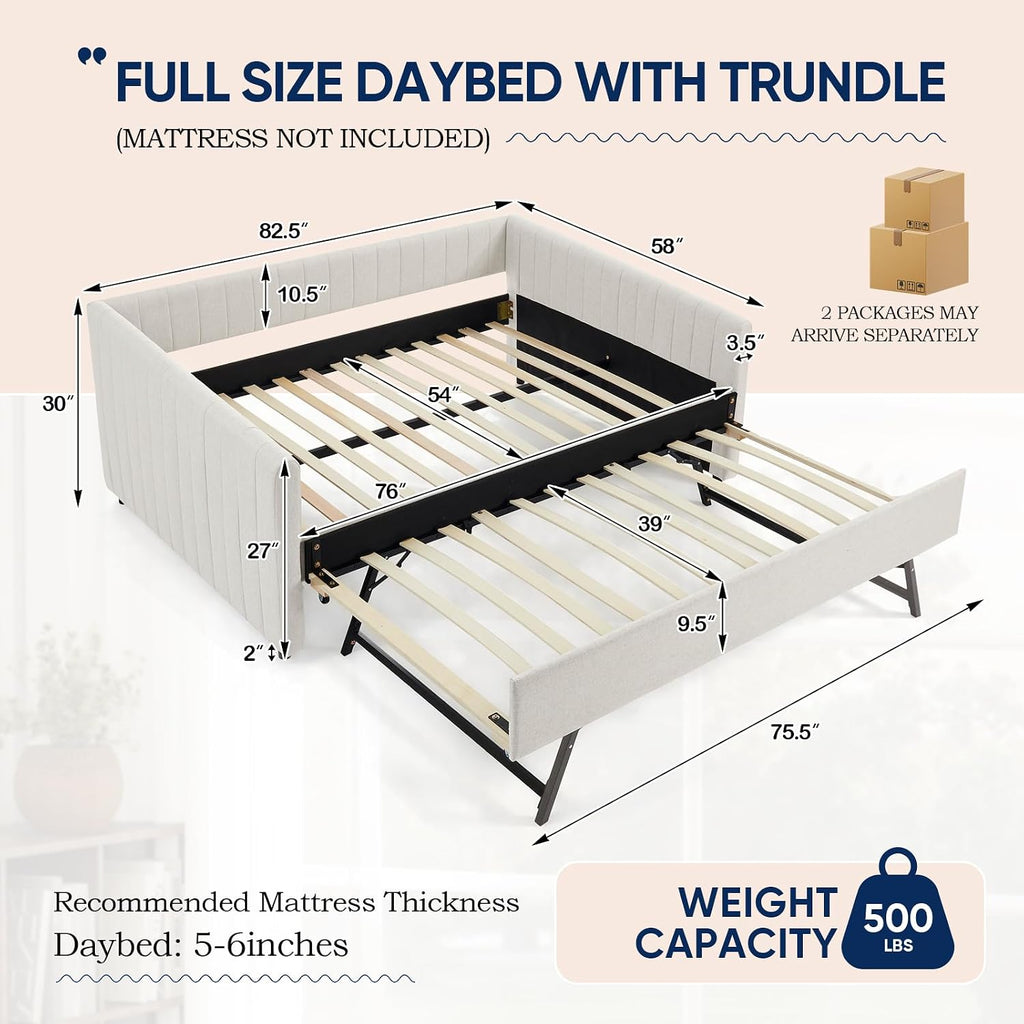 Daybed with Trundle, Modern Linen Full Size Day Bed with Pull Out Trundle Bed, Upholstered Sofa Bed with Stripes