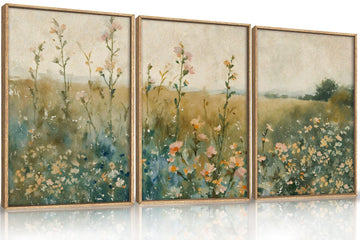Vintage Watercolor Wildflower Landscape 3 Piece Wall Art Framed, Large Retro Floral Wall Decor(16x24), Nature
