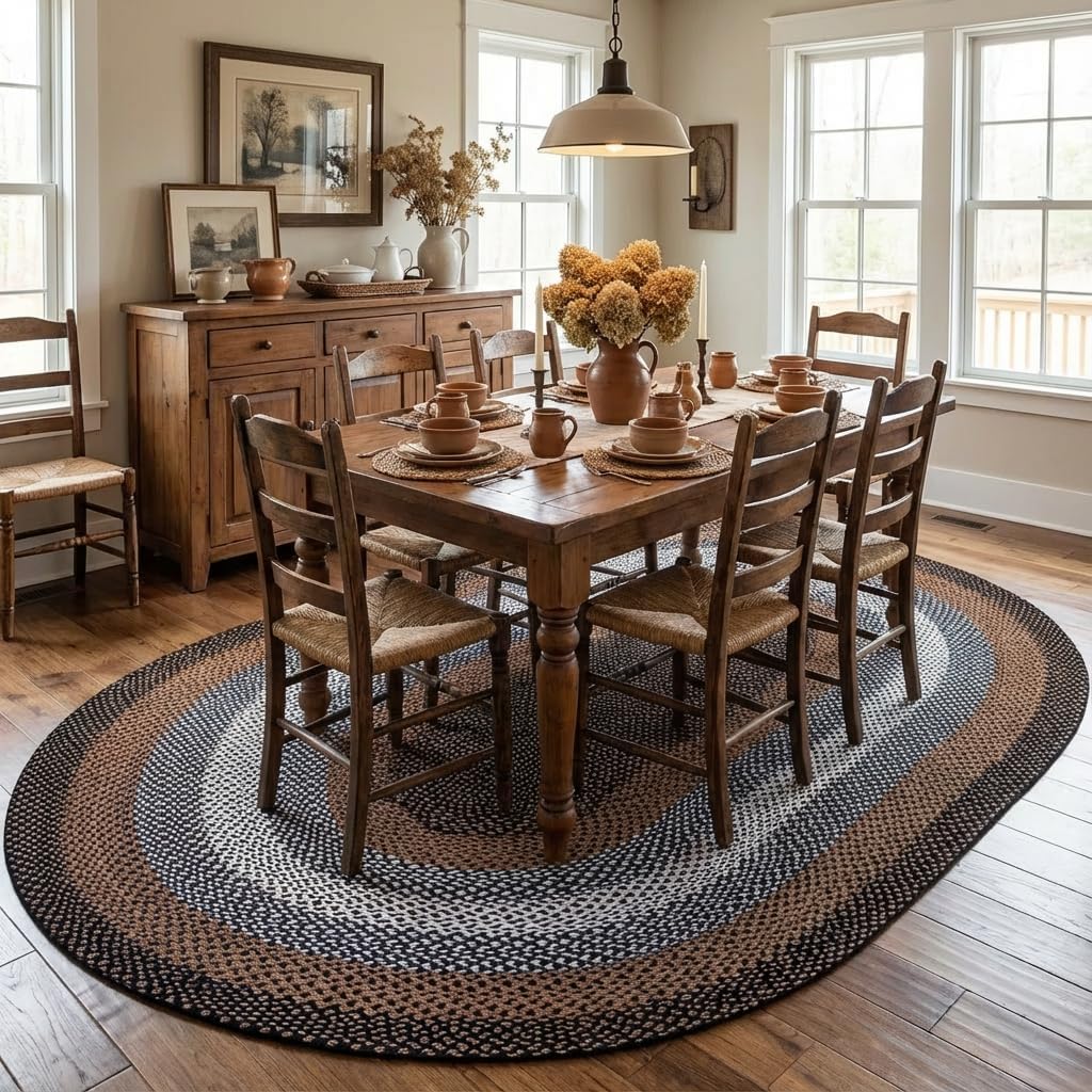 Rustic Black/Ivory/Brown Oval Braided Rug /Dining Room, Washable Outdoor Rug /Porch 6' x 9' Oval