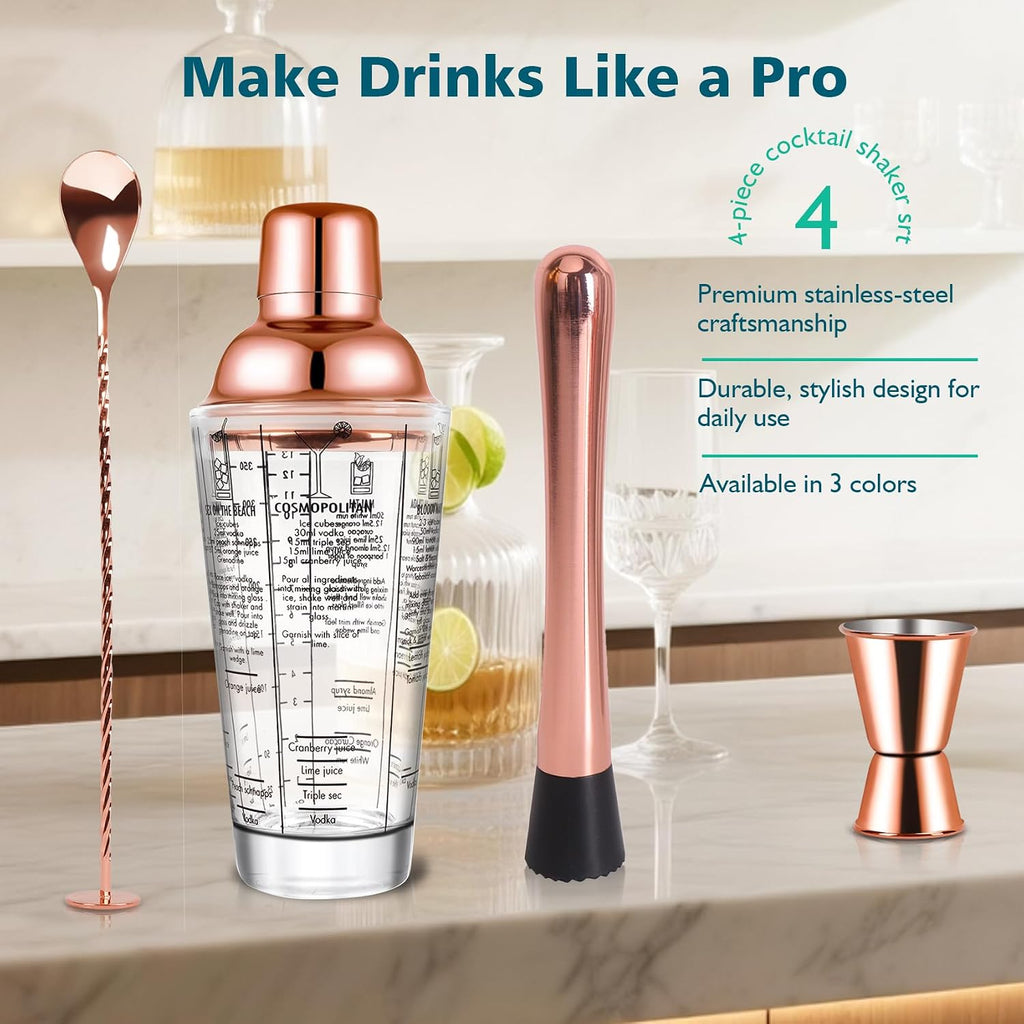 14oz Glass Cocktail Shaker Set, Bartender Kit, Martini Mixer Shaker with Built-in Strainer, Mixing Spoon - Set of 4