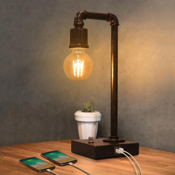 Industrial Table Lamp, Vintage Bedside Lamp with USB C and USB A Charging Ports, Dimmable Steampunk Office Lamp Metal