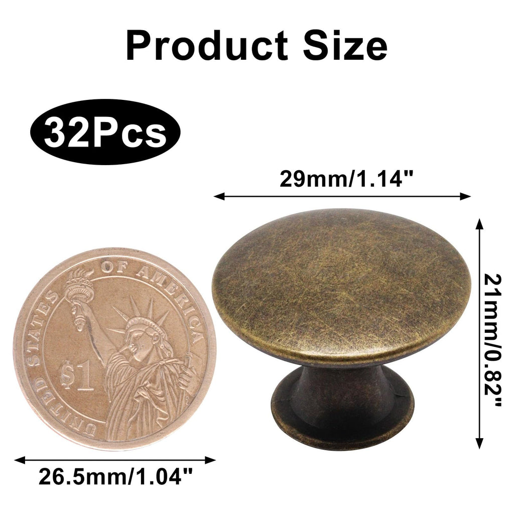 32 Pack Antique Brass Cabinet Knobs, Round Dresser Knobs Kitchen Drawer Knob, Single Hole Cupboard Door Knob Dresser