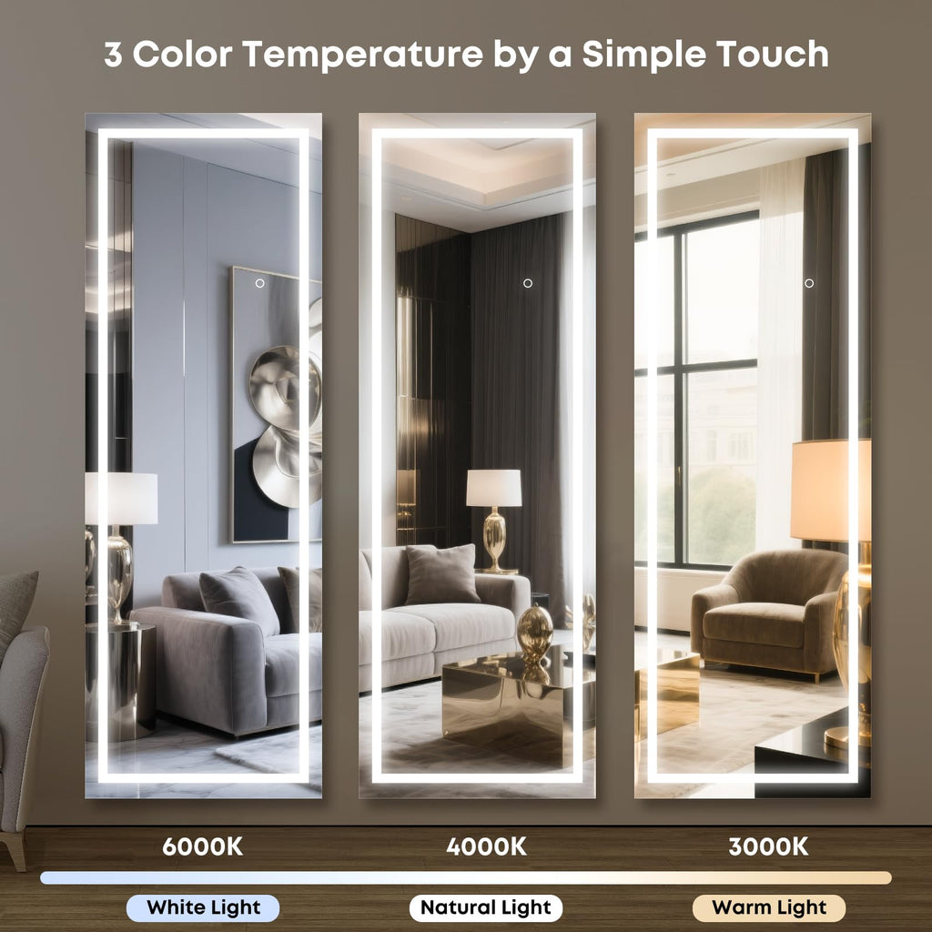 65"x22" Frameless Full Length Mirror, Dimmable 3 Color LED Light