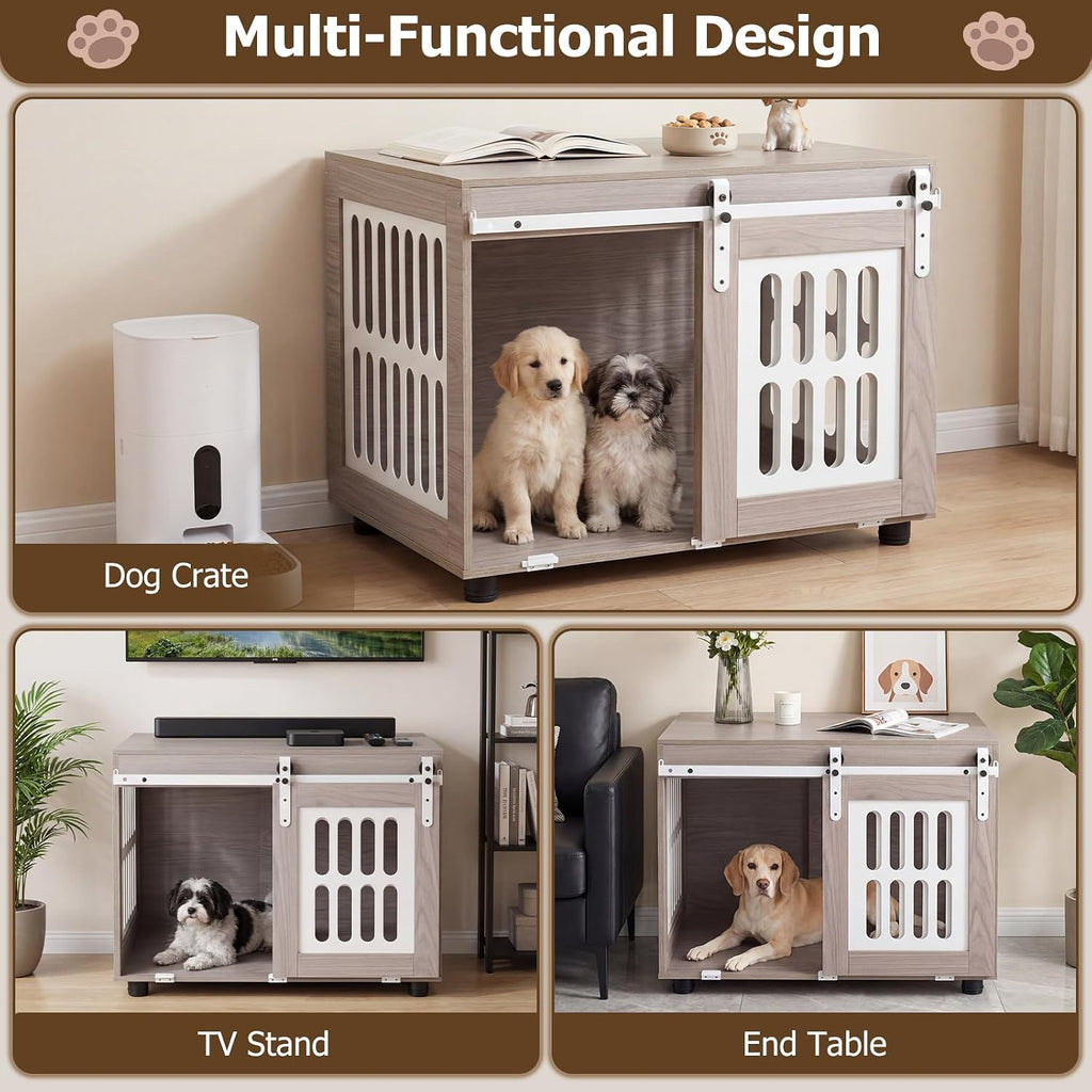 Farmhouse Wooden Dog Crate Furniture with Sliding Barn Door, 31.5-inch Wood Dog Kennel Furniture for Small Dogs, Dog