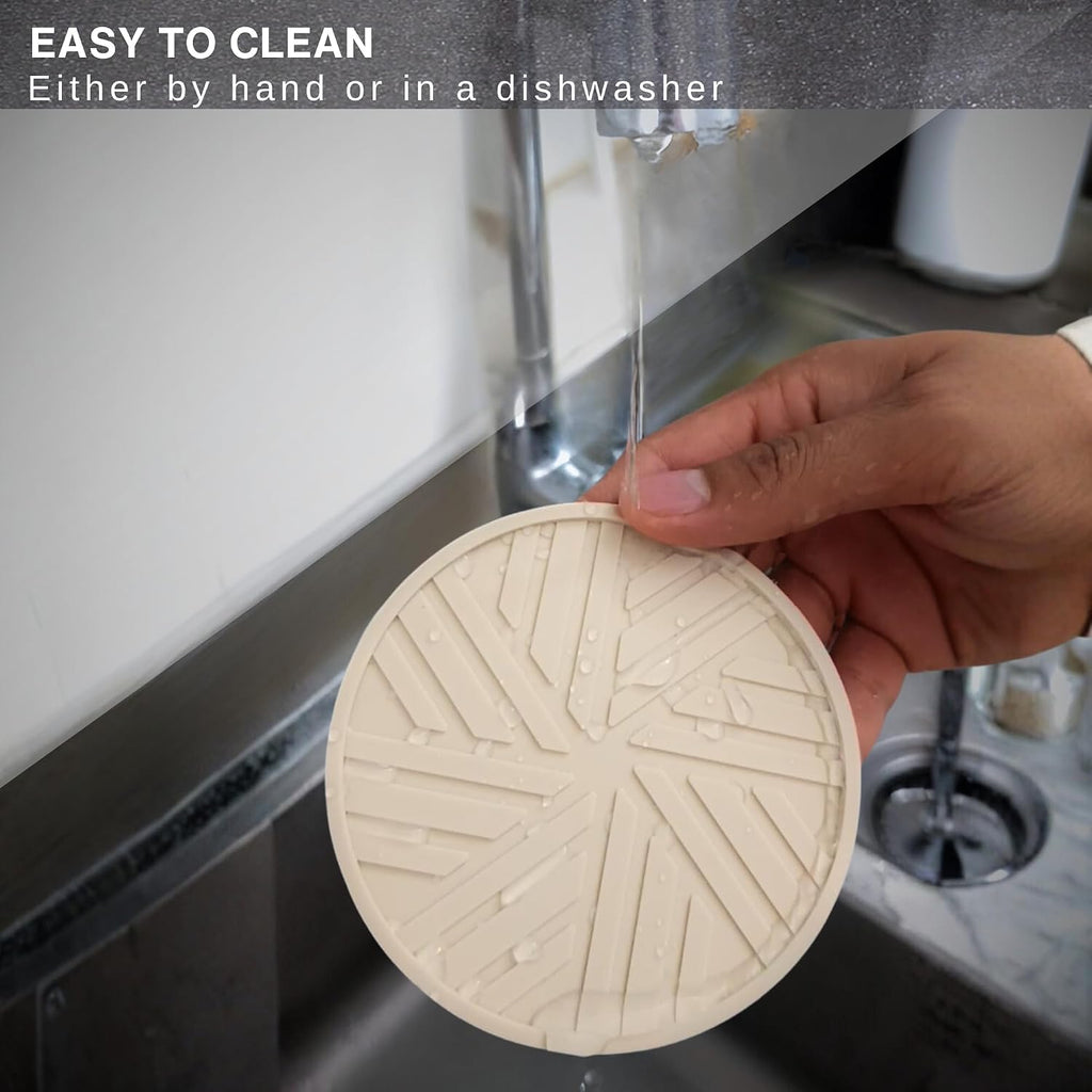 Silicone Coasters - with Gold Holder, smart Modern Grooved Pattern Protecs to Coffee Tables, Beige - Set of 6