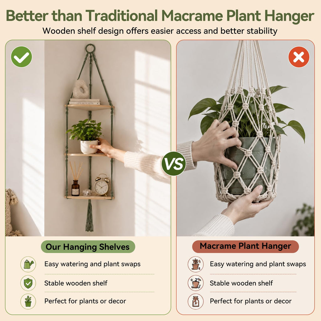 Corner Shelf Macrame Wall Hanging, Adjust Boho Storage Art, 3 Tier