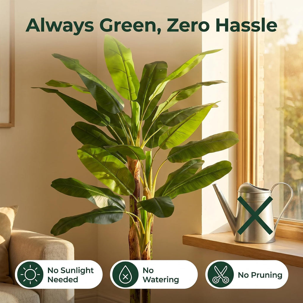 7ft Artificial Banana Tree, Real Touch Faux Leaves, Natural Texture Trunk with Cement Weighted Base. Large Fake