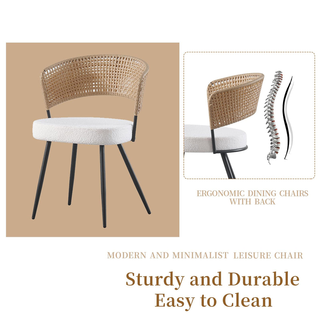 Rattan Dining Chairs Set of 4, Farmhouse Upholstered Teddy Cushion with PE Cane Round Back Kitchen Chair, Mid Century