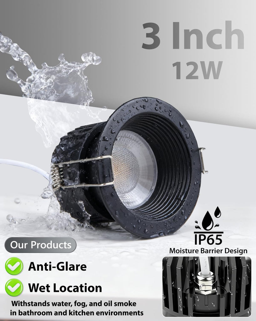 3 Inch Black 5CCT Anti-Glare LED Downlight, Recessed Light