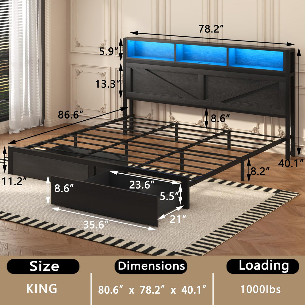 Farmhouse Bed Frame with Bookcase Storage Headboard, Charging Station, LED Light and 2 Storage Drawers, Noise