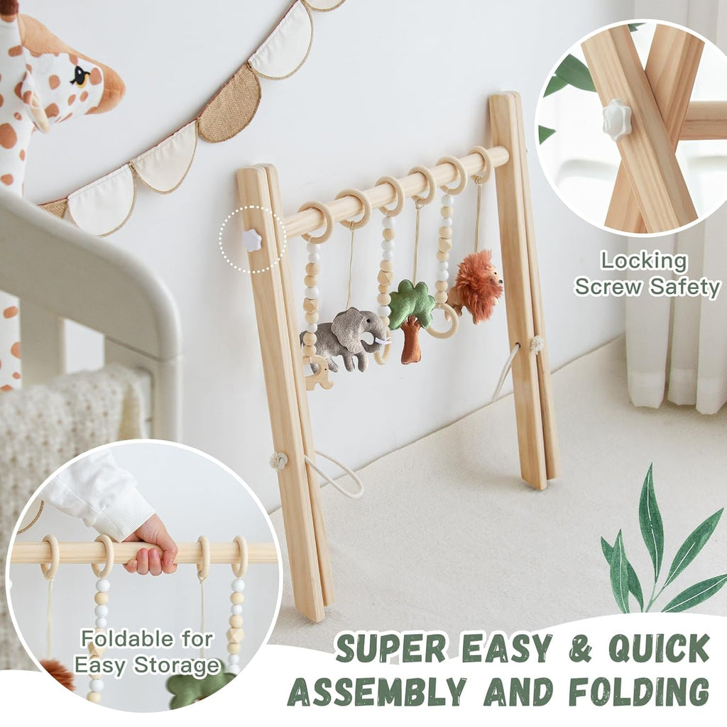 Wooden Baby Play Gym, Leaf Shaped Mat Baby Foldable Gym with 6 Hanging Toys