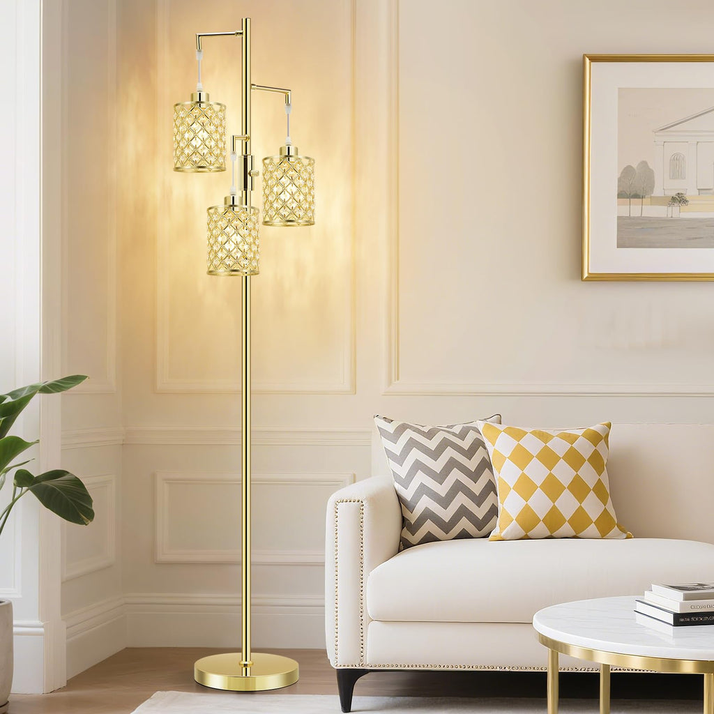 Morden Gold Crystal Floor Lamps, 3-Light Standing Tall Lamp with Elegant K9 Crystal Shade & Rotary Switch, Modern