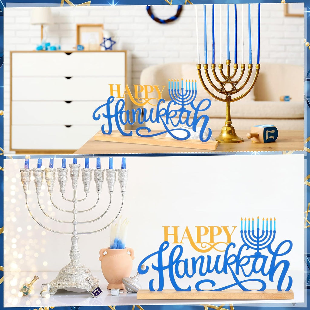 Metal Happy Hanukkah Table Decoration Sign with Wooden Base