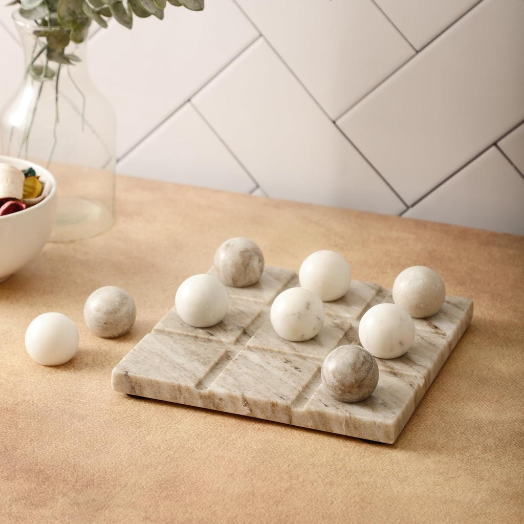Marble Tic Tac Toe Game Board X and O Game Set for Birthday Gift to Students and Adults Medium Beige Color Premium