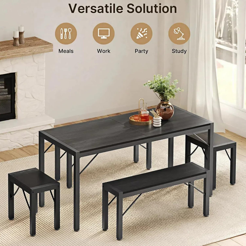 63" Dining Table Set for 6, Kitchen Table w/Bench & Stools Black