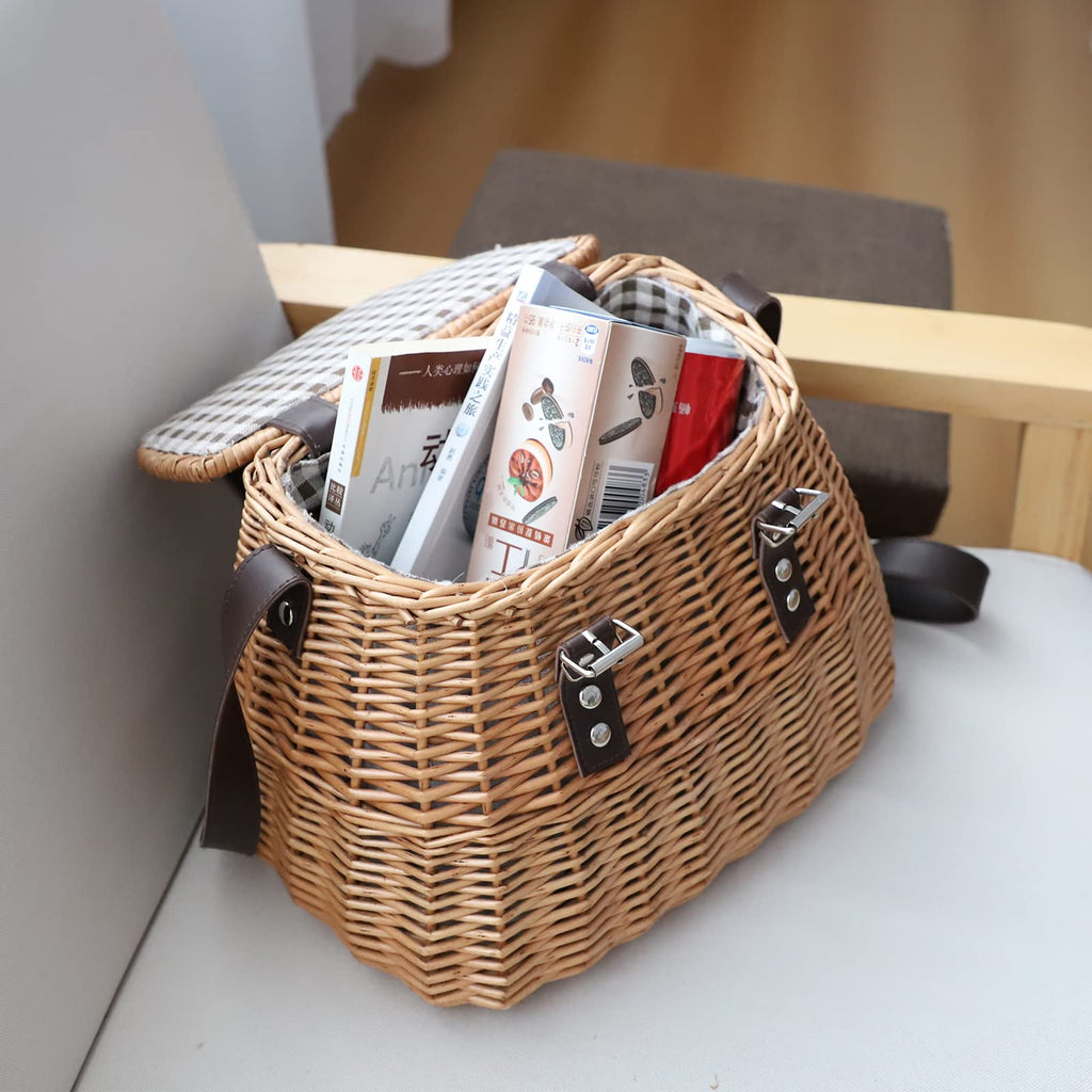 Wicker Picnic Fishing Creel Basket with Lid & Shoulder Strap