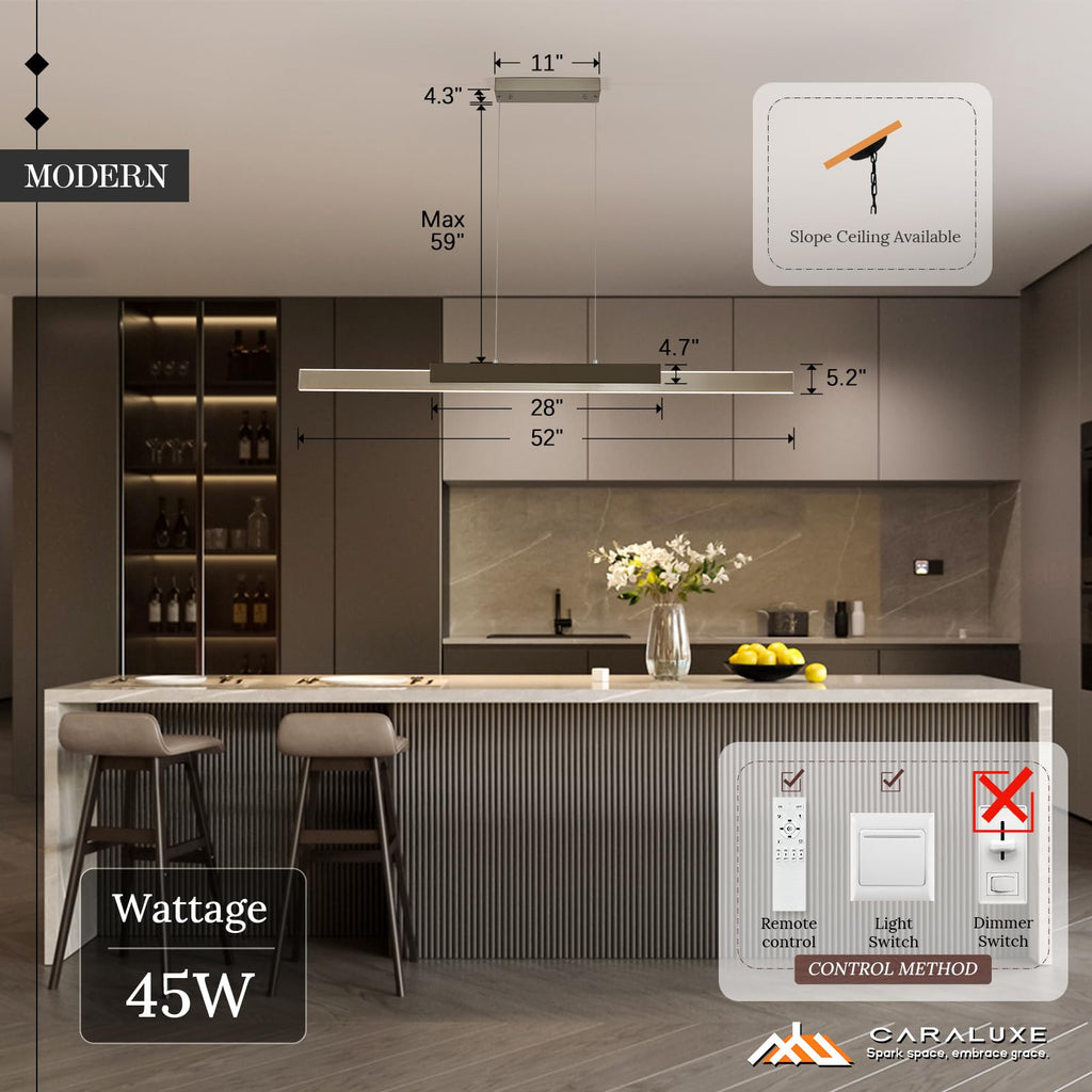 LED Linear Pendant Light 52in Brushed Nickel Chandelier Dimmable