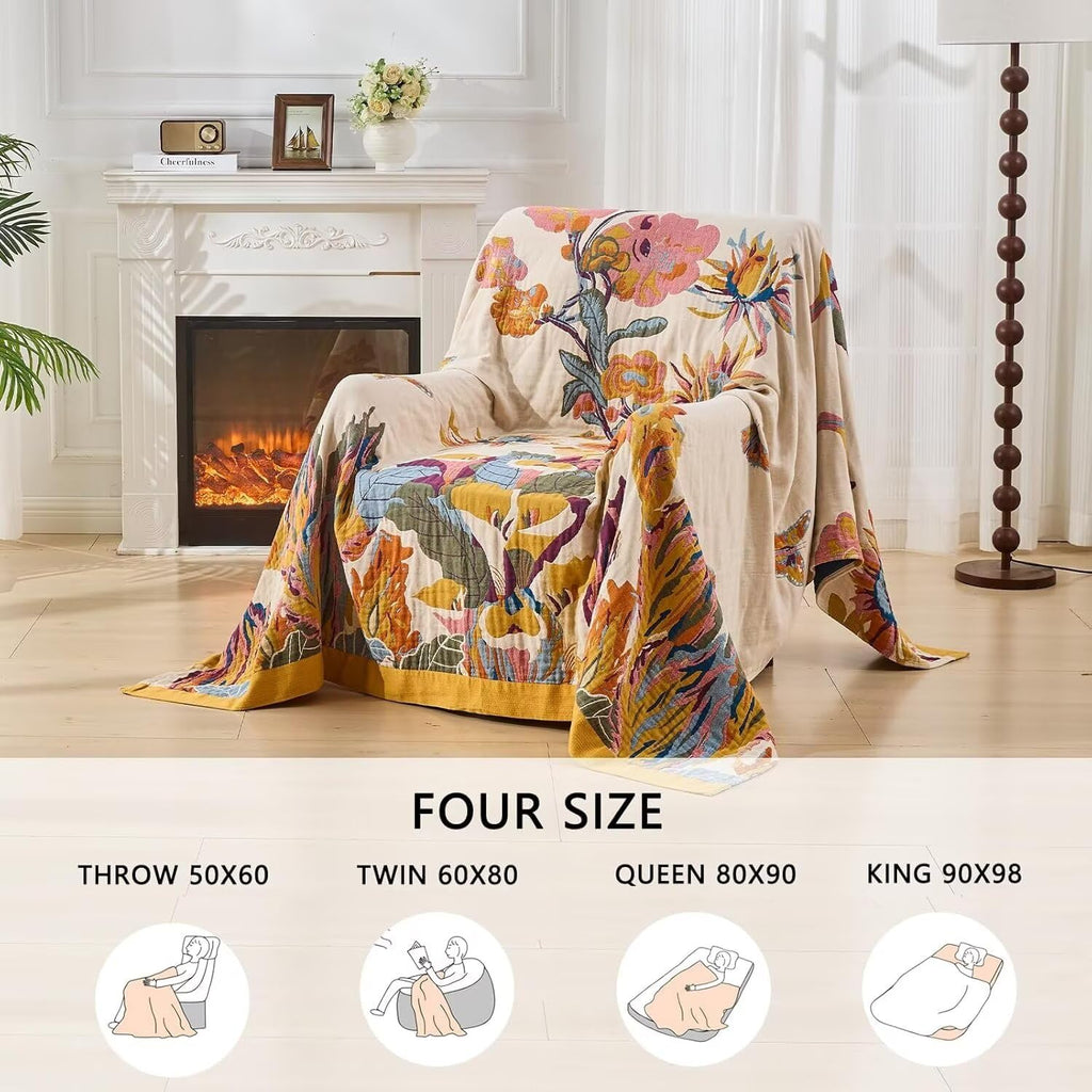 Boho Throw Blanket Farmhouse Decor Throw Blanket Bohemian Blanket for Bed 100% Cotton Muslin Woven Couch Blanket All