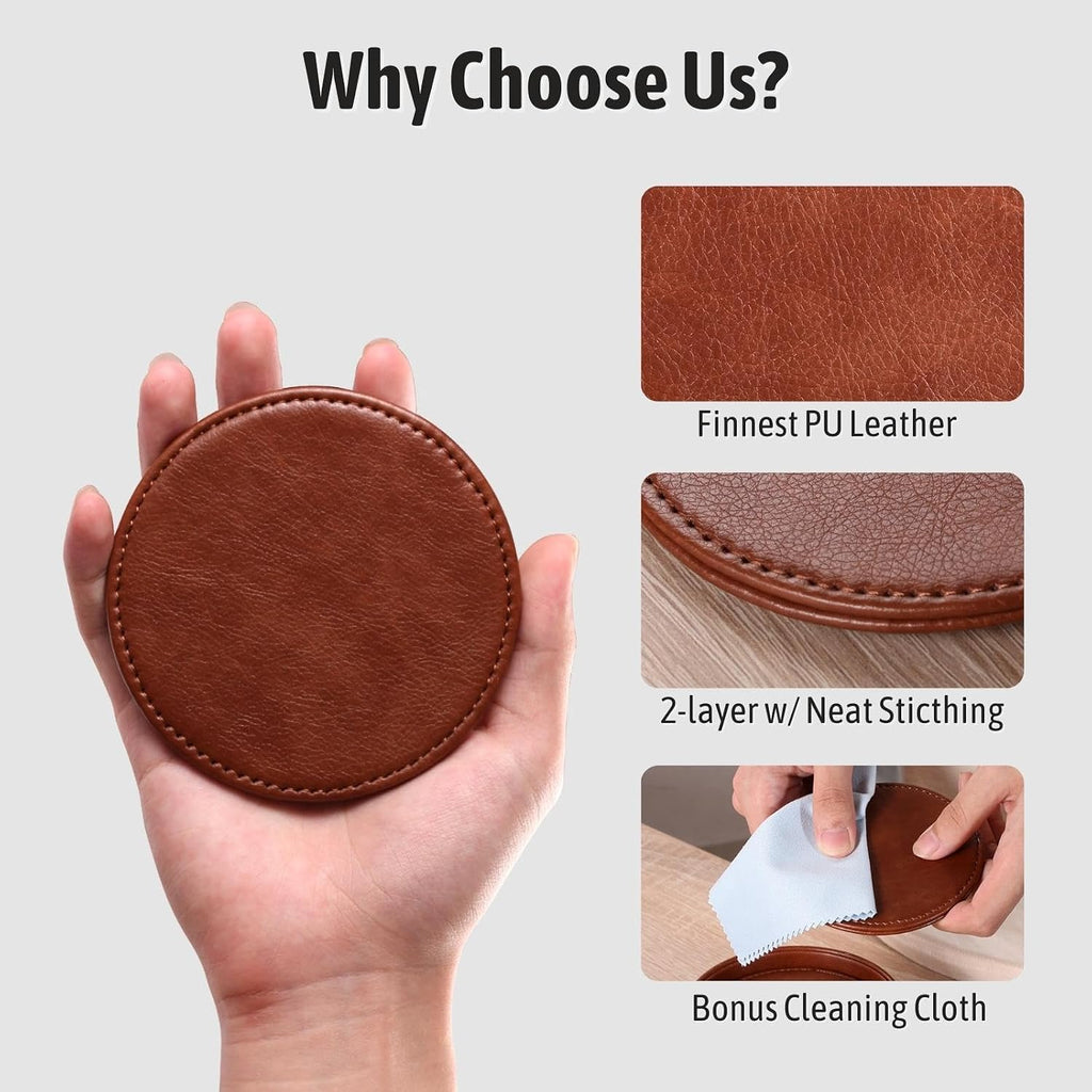 Drink Coasters with Holder, 4" Leather Coasters for Drinks for Tabletop Protection, Elegant Home Decor & - Set of 6