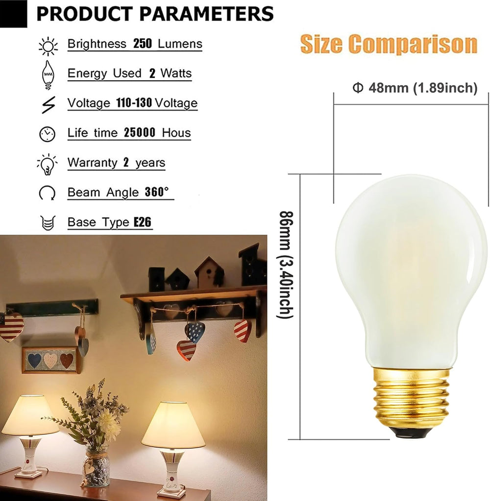 Frosted A15 led Bulb 2W Equal 25 Watt e26 led Bulb AC120V Vintage led Edison Bulb for Ceiling Fan Light