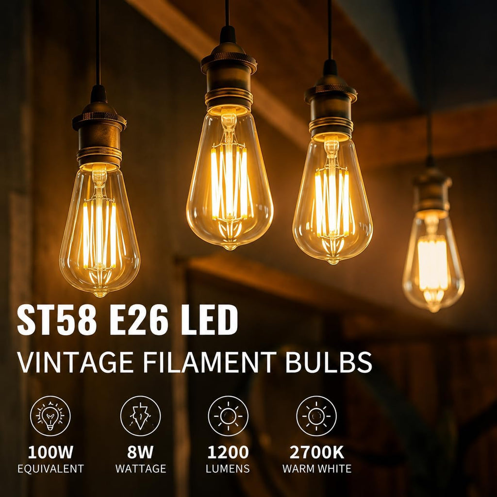 ST58 E26 LED Bulbs,8W Equivalent 100W,Dimmable,2700K Warm White,4 Pack