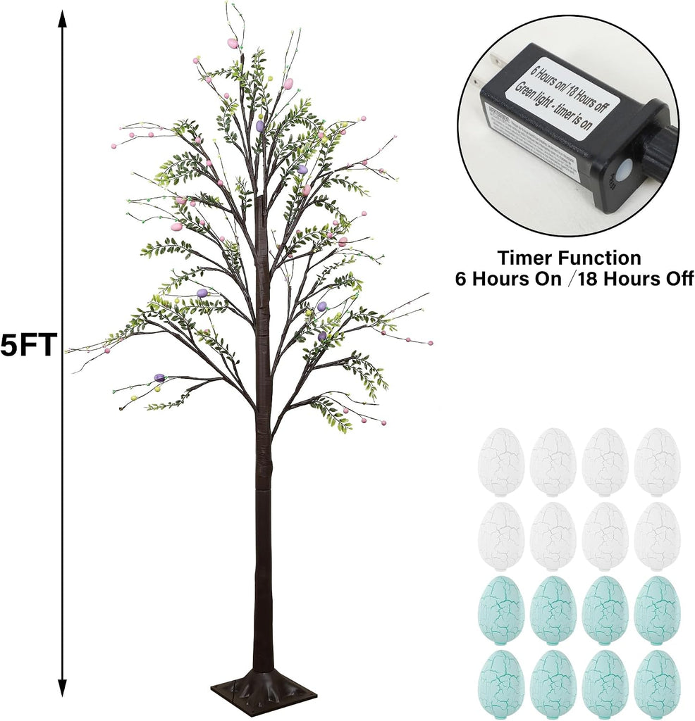 5FT Lighted Easter Tree with Timer, Easter Decorations & Porch, Pre-Lit Egg Trees with LED Lights & Colorful Eggs