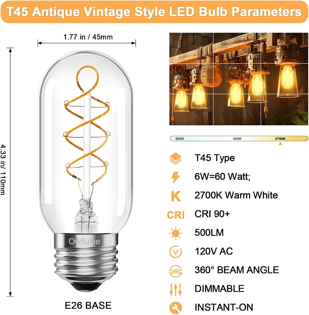 E26 LED Bulb 6W Equivalent 60 watt, Vintage Edison Bulbs, Warm White 2700K Clear E26 Edison Bulb dimmable,Tubular T14