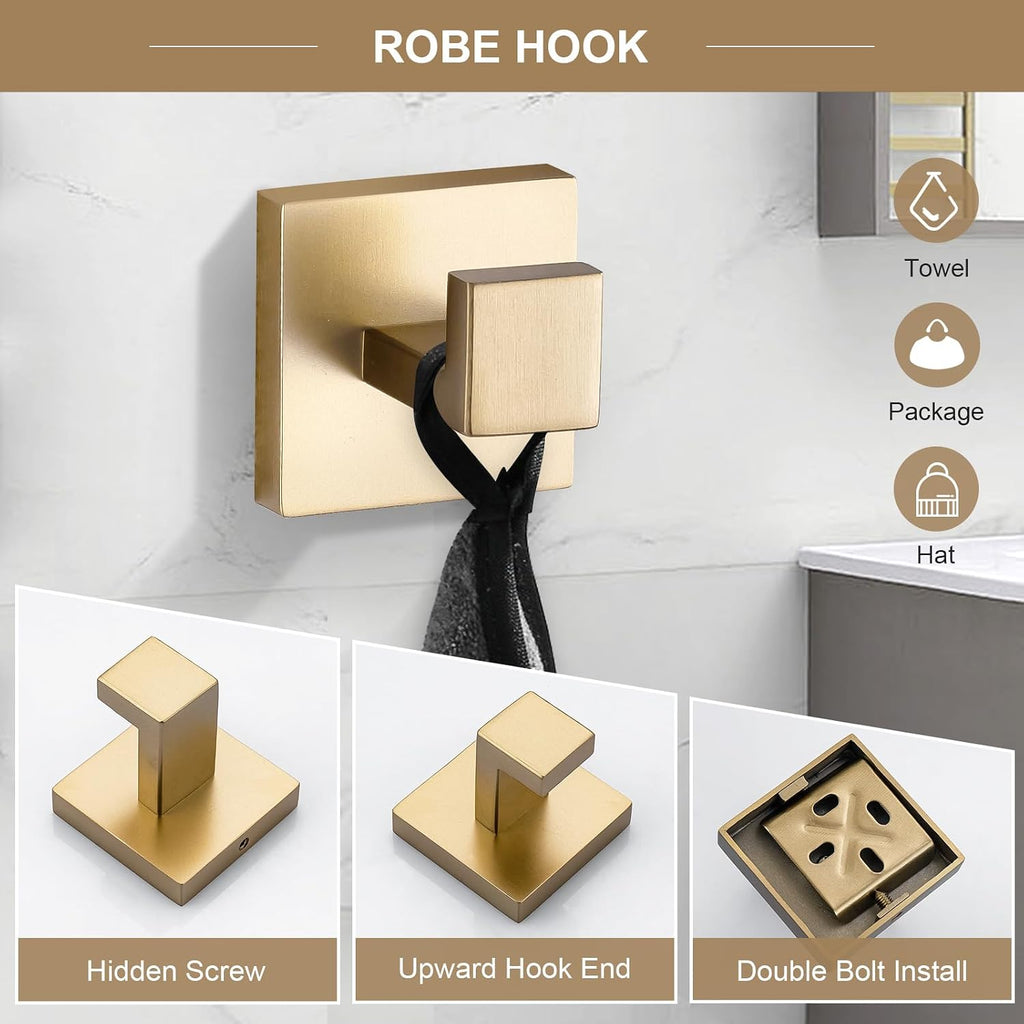 6-Piece Bathroom Towel Bar Sets Brushed Gold 23.6 inch Towel Bar Stainless Steel Towel Ring Coat Hook and Toilet