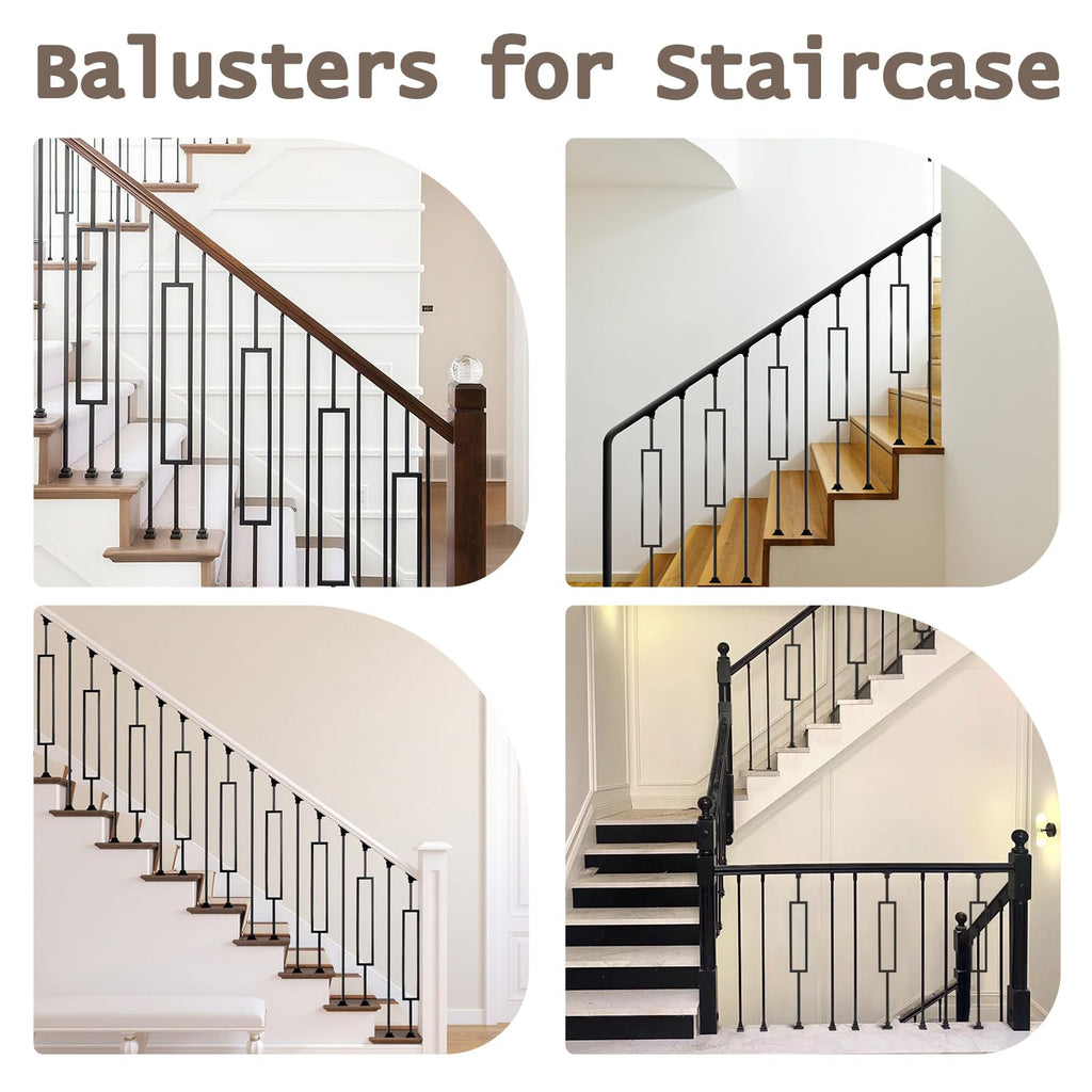 16 Pcs Wrought Iron Balusters for Staircase, 1/2" x 44" Rectangular Hollow Iron Spindles Deck Balusters with 32 Fixed