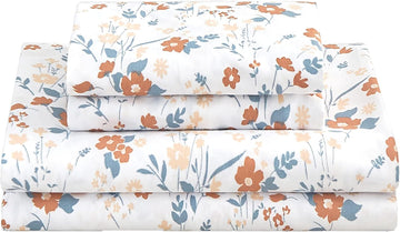 Floral Queen Sheet Set Orange Flower Printed Bed Sheets - 4 Piece Soft Microfiber Patterned Fitted Sheets with 15"