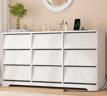 Fluted 9-Drawer Bedroom Dresser with Power Outlets & USB Ports, Modern Handleless Design in White, Oak, Black &